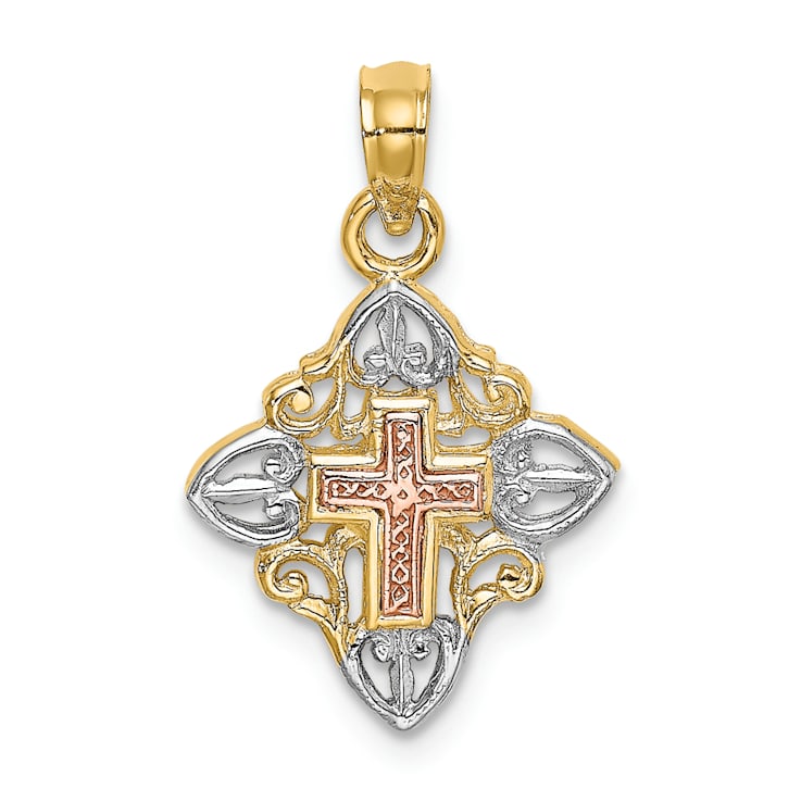 Rhodium Over 14K Tri-color Gold Cross Inside Frame Charm Pendant