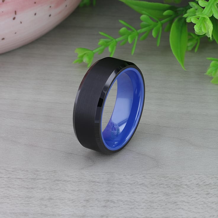 RIGEL Flat Beveled Edges Black Tungsten Ring with Brushed Center and
Vibrant Blue Ceramic Inside 8mm