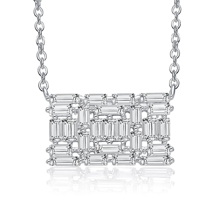 Baguette CZ Rectangular Cluster Pendant Necklace In Sterling Silver