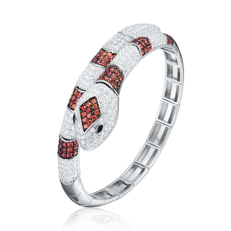 Ruby Color CZ Serpent Cuff Bracelet In Sterling Silver