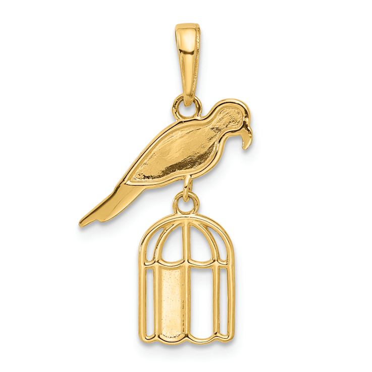 14k Two-tone Gold Diamond-cut Bird on Bird Cage Pendant