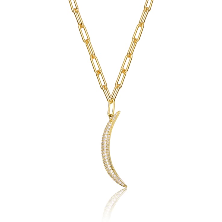 Crescent Moon CZ Charm Necklace In 14K Gold Over Brass