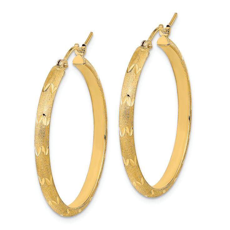 14k Yellow Gold 1 1/4" Polished Satin and Diamond-Cut Hoop Earrings