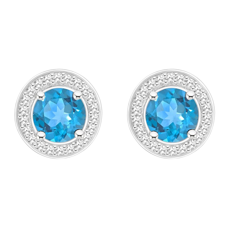 6mm Round Blue Topaz 1/5 ctw Diamond Rhodium Over Sterling Silver Halo
Stud Earrings