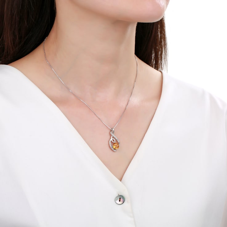 Round Citrine and White Sapphire Sterling Silver Pendant With Chain