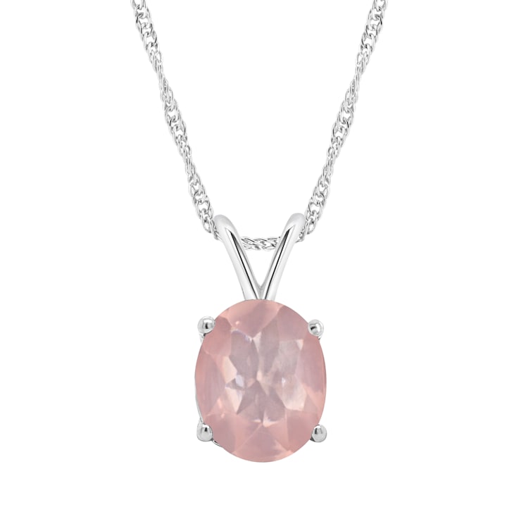 10x8mm Oval Rose Quartz Rhodium Over Sterling Silver Pendant With Chain