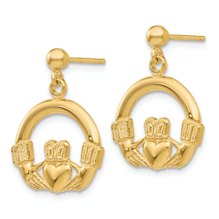 14k Yellow Gold Dangling Claddagh Earrings