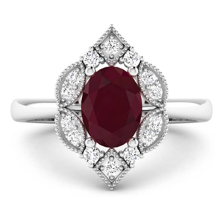 1.7ctw Red Ruby and Diamond 14K White Gold Halo Ring