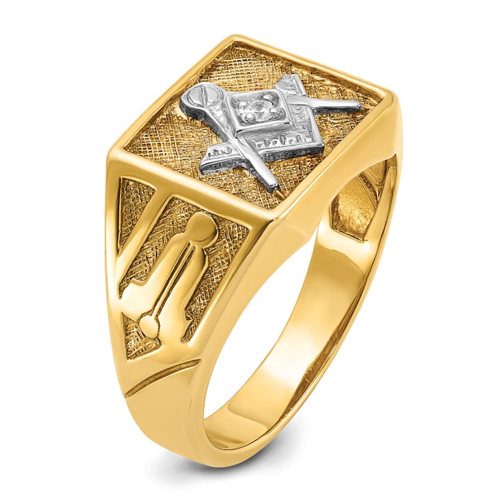 10K Two-tone Yellow and White Gold Textured Diamond Blue Lodge Masonic Ring