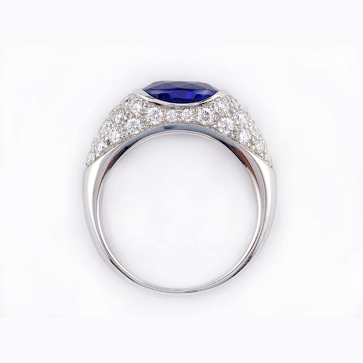 Oval Blue Sapphire and White Diamond Platinum Ring. 4.47 CTW