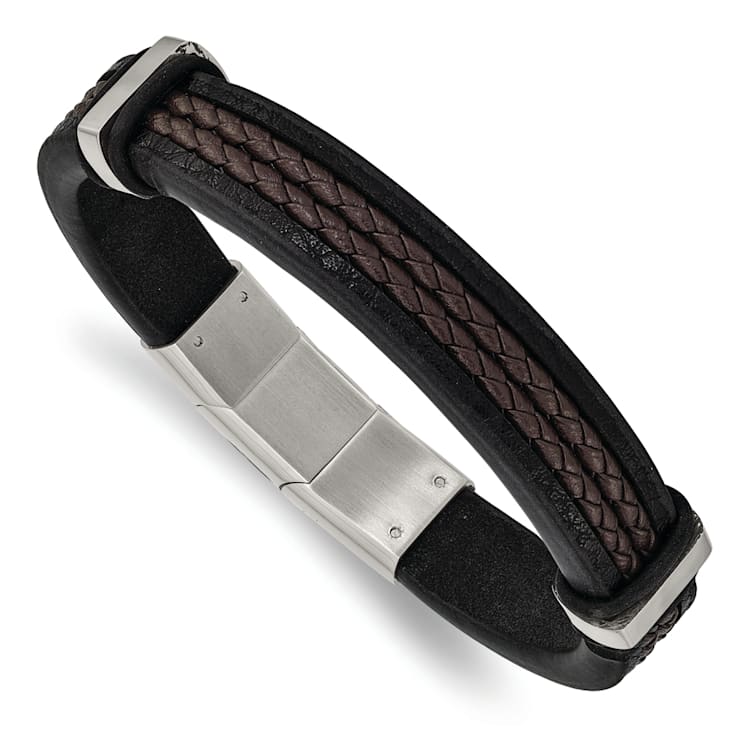 Black and Brown Braided Leather and Stainless Steel Polished Black with
0.5-inch Extension Bracelet