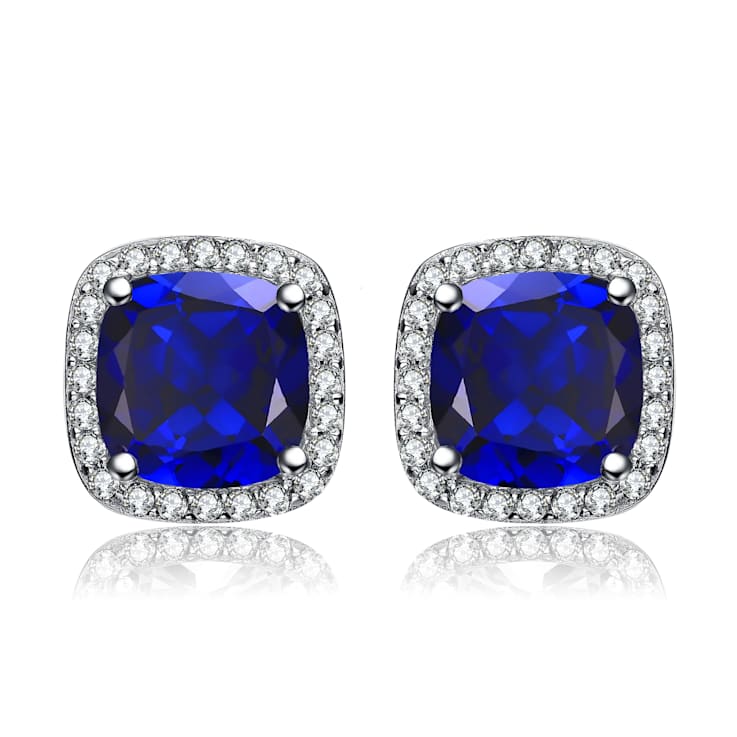 Sapphire Color CZ Halo Stud Earrings In Sterling Silver
