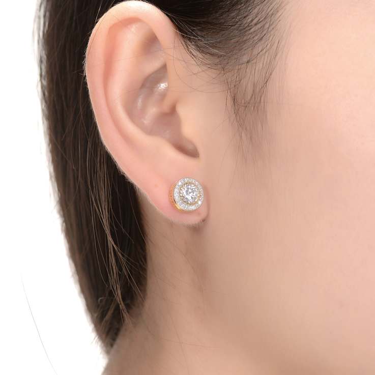 CZ Halo Stud Earrings In 14K Gold Over Brass