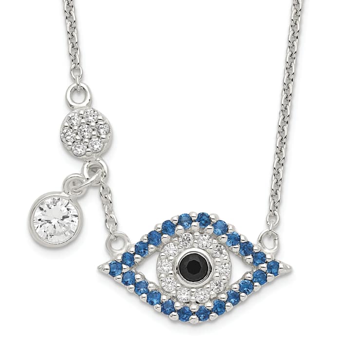 Multi-Color CZ Evil Eye Pendant Necklace In Sterling Silver 18 Inch