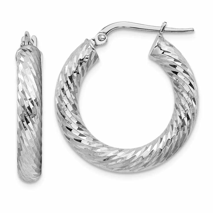 Rhodium Over 14k White Gold Diamond-Cut 15/16" Round Hoop Earrings