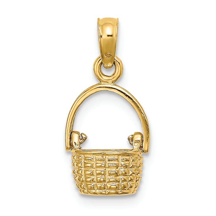 10K Yellow Gold 3D Textured Moveable Handle Basket Charm