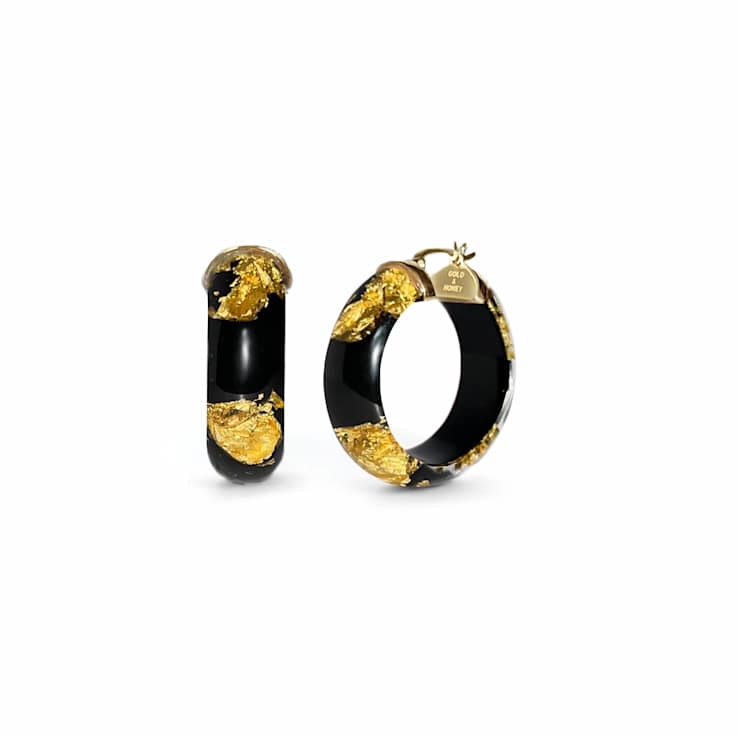 14K Yellow Gold Over Sterling Silver Mini Gold Leaf Acrylic Hoops in Black