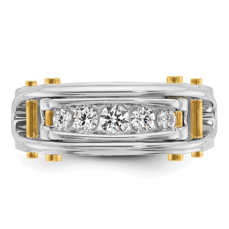 14K Yellow and White Gold Men's Polished Grooved Cut-Out 5-Stone Diamond Ring