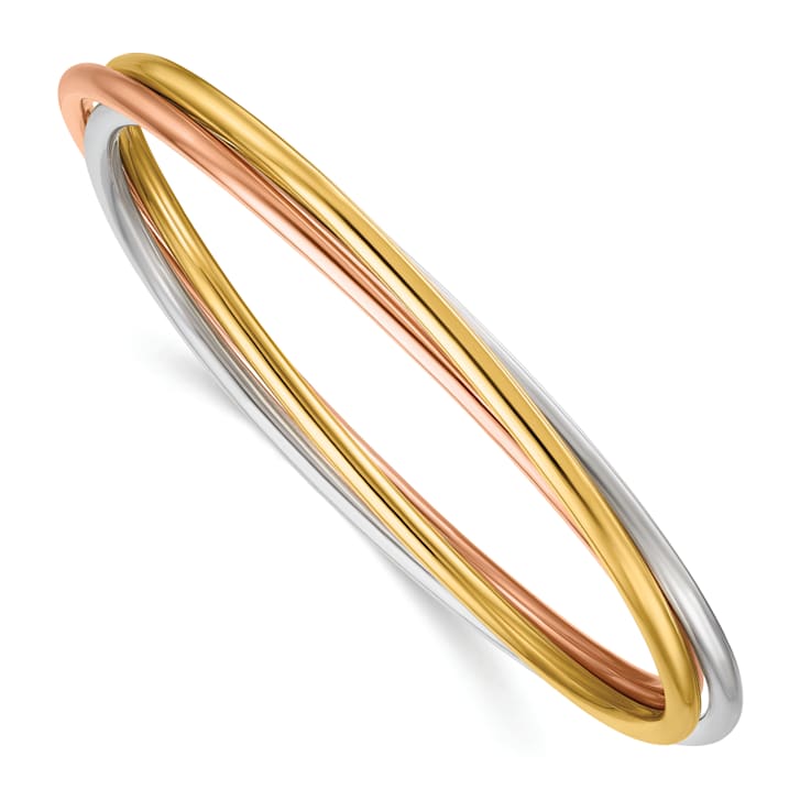14K Tri-Color Polished 3 Intertwined Slip-on Bangle