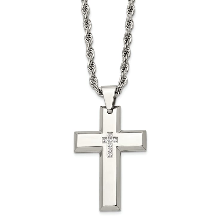 White Cubic Zirconia Stainless Steel Men's Cross Pendant With Chain