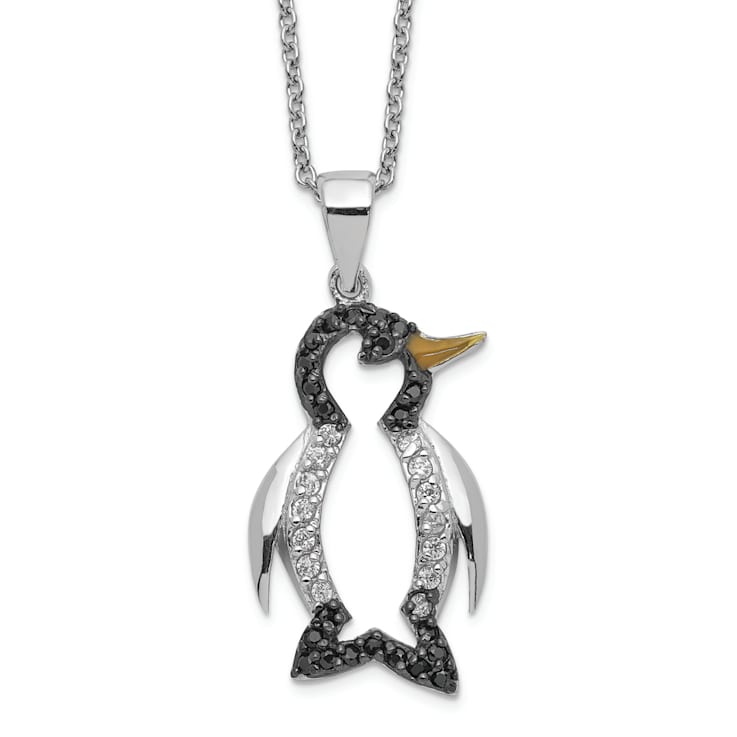 Rhodium Over Sterling Silver Enamel and Cubic Zirconia Penguin Necklace