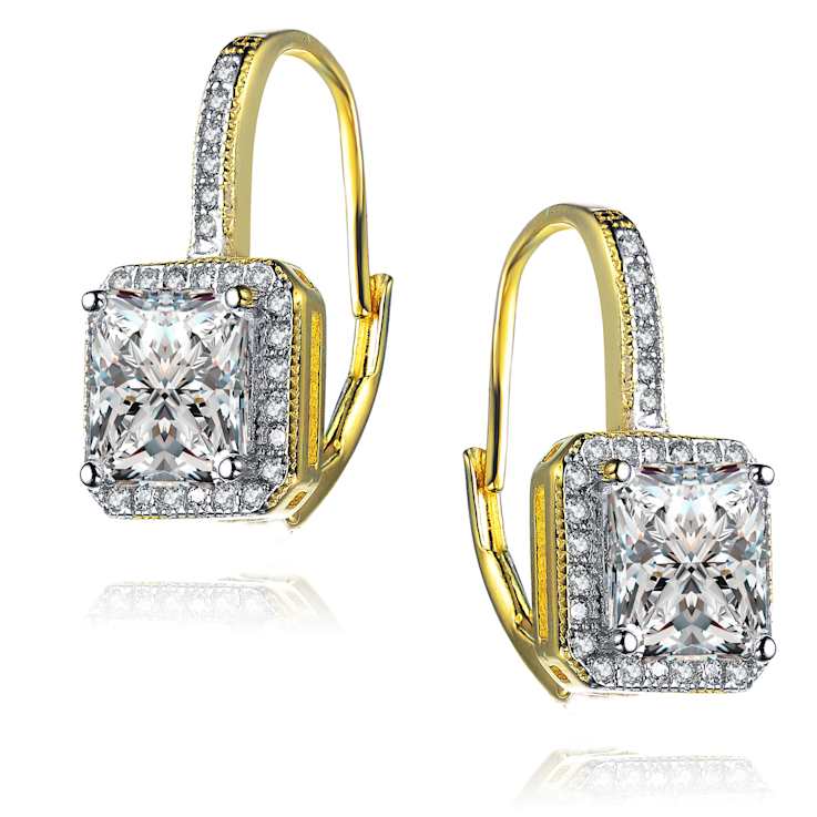 Princess-Cut CZ Halo Drop Earrings In 14K Gold Over Brass
