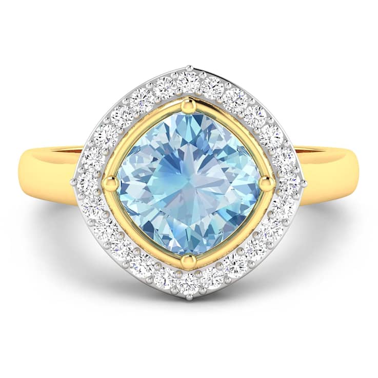 Cushion Cut Blue Aquamarine and White Diamond 14K Yellow Gold Halo Ring
1.72 ctw