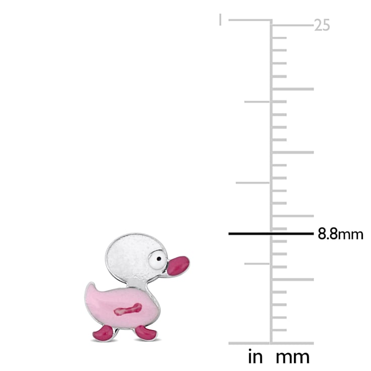 Children's Pink Enamel Duck Stud Earrings in Sterling Silver