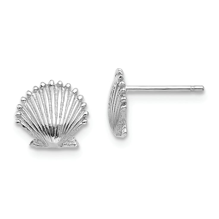 Rhodium Over 14K White Gold Textured Scallop Shell Stud Earrings