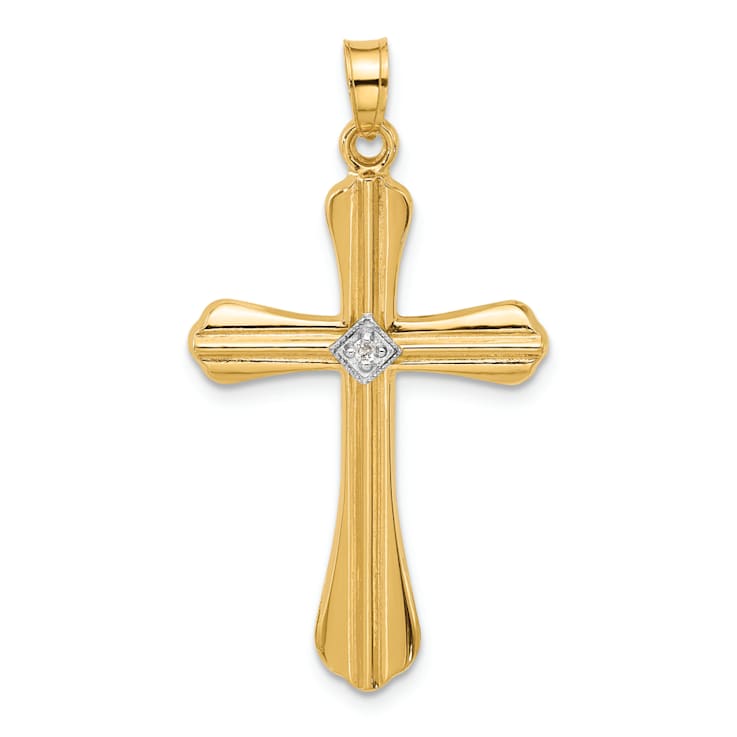 14K Yellow Gold Polished and Grooved Hollow Diamond Cross Pendant
