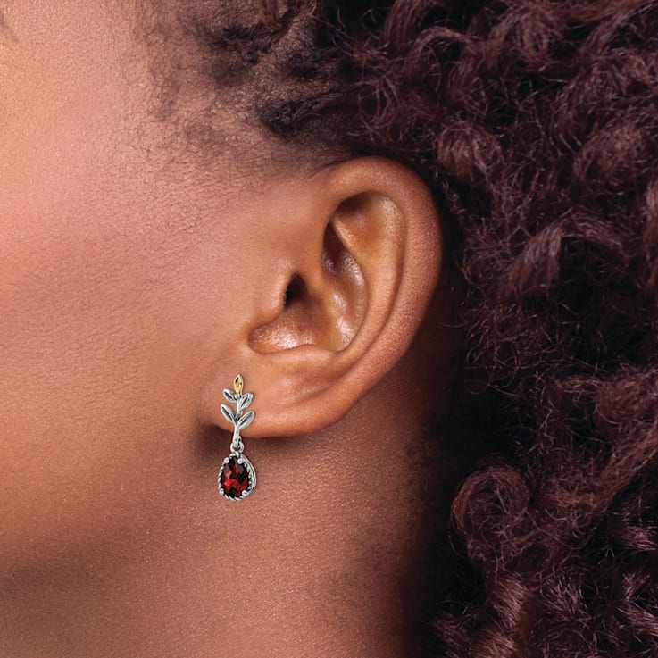 Sterling Silver with 14K Accent Antiqued Leaf Garnet Dangle Post Earrings