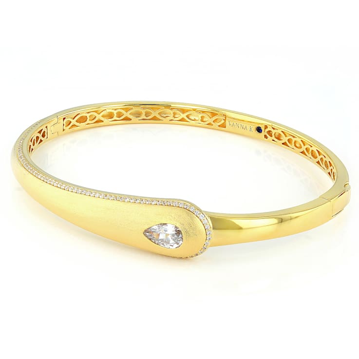 Polished CZ Round And Pear Bangle Bracelet In 18K Gold Over Sterling Silver