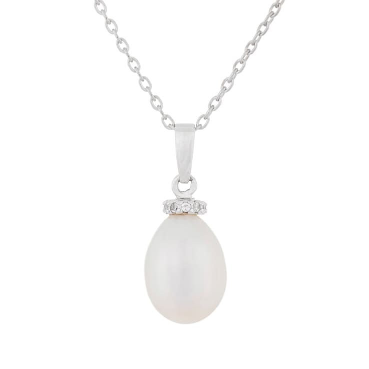 9-10mm White Cultured Freshwater Pearl Sterling Silver Pendant W/Chain