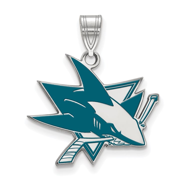 Rhodium Over Sterling Silver NHL LogoArt San Jose Sharks Large Enamel Pendant