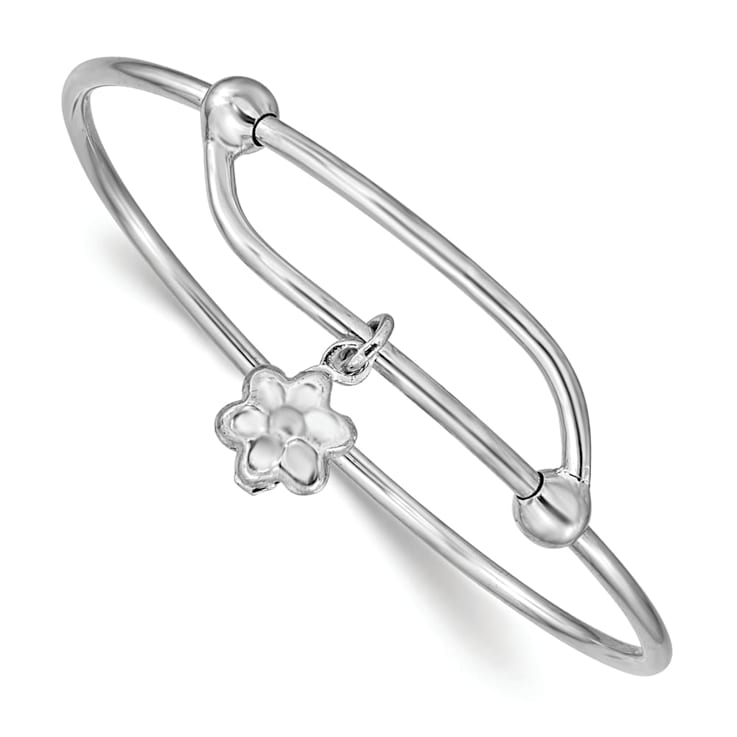 Rhodium Over Sterling Silver Flower Adjustable Baby Bangle