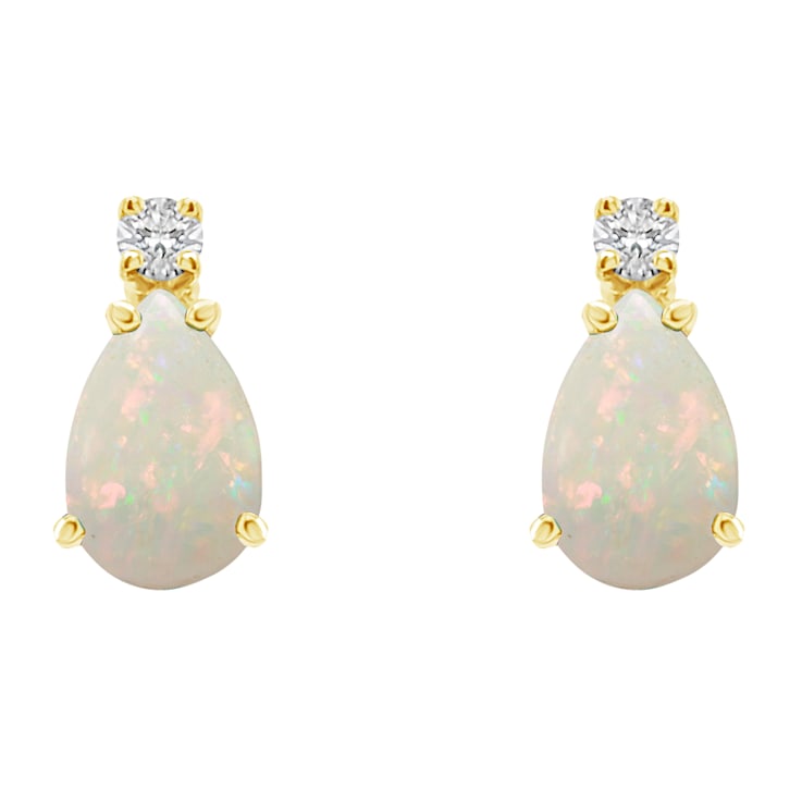 6x4mm Pear Shape Opal with Diamond Accents 14k Yellow Gold Stud Earrings