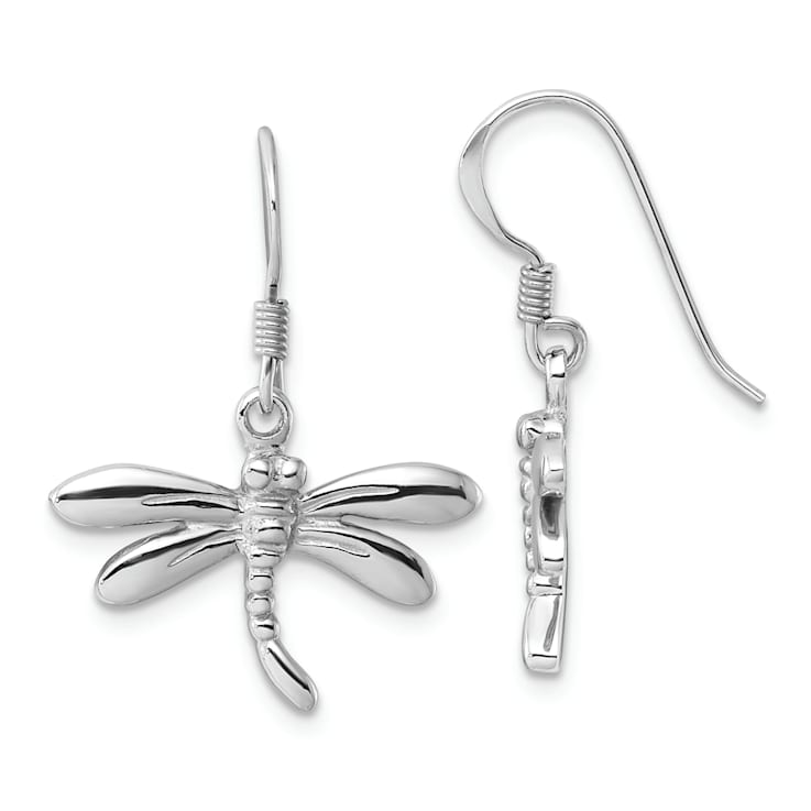 Rhodium Over Sterling Silver Polished Dragonfly Dangle Earrings