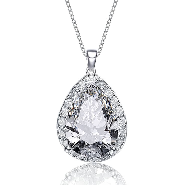Pear Shape CZ Halo Pendant Necklace In White Rhodium Over Brass