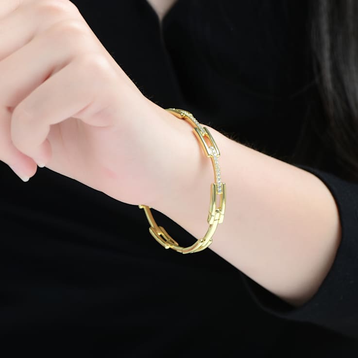 CZ Pave Rectangular Link Bracelet In 14K Gold Over Brass