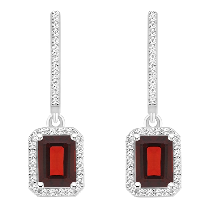7x5mm Emerald Cut Garnet 1/3 ctw Diamond Rhodium Over Sterling Silver
Halo Dangle Earrings