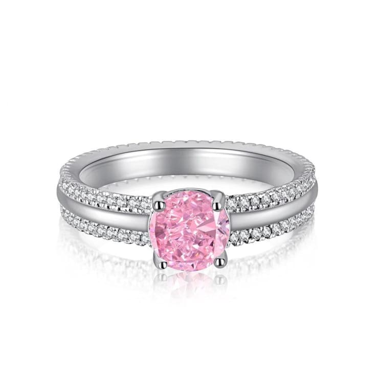 Round Pink and White Cubic Zirconia Sterling Silver Ring