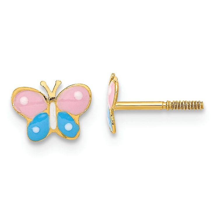 14K Yellow Gold Polished Enameled Butterfly Screwback Post Earrings