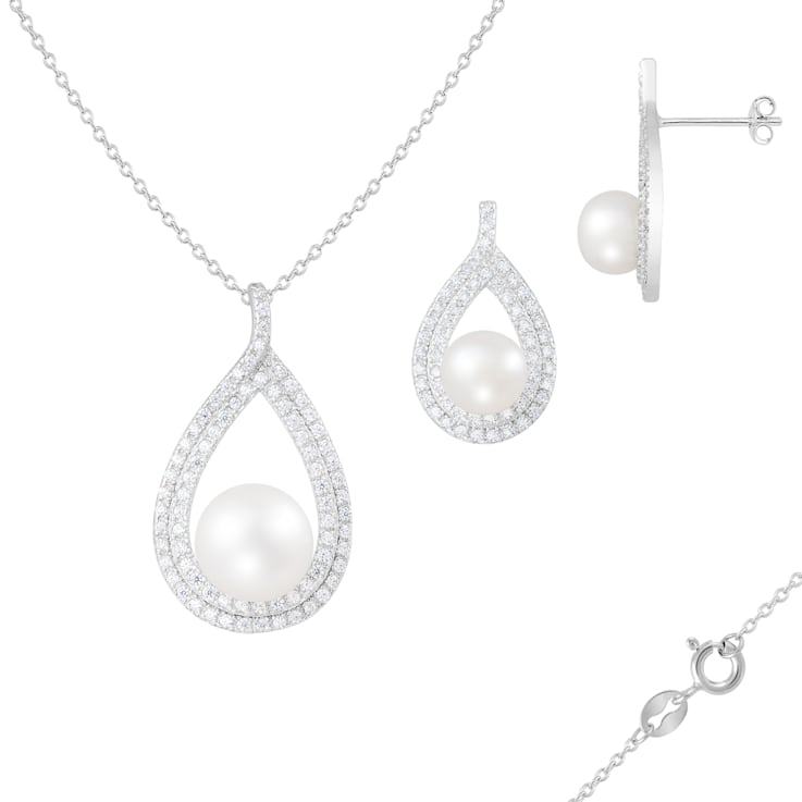 7-11mm Button White Freshwater Pearl and CZ Rhodium Over Sterling
Earring and Pendant W/Chain Set