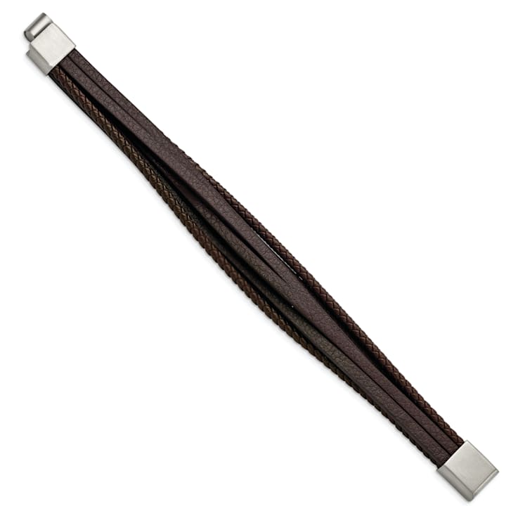 Brown Leather and Stainless Steel Brushed Multi Strand 8-inch Bracelet