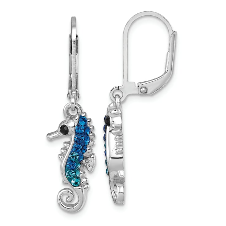 Rhodium Over Sterling Silver Polished Crystal Seahorse Dangle Earrings