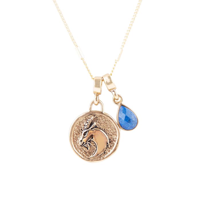 Barse Lapis Lazuli Capricorn Charm Necklace In Bronze