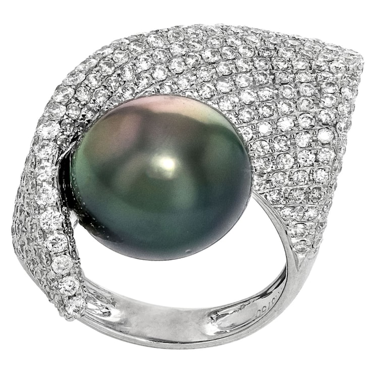 Bague Cluster Perle De Tahiti Grise - Or Blanc, Taille 54, Style Bouquet