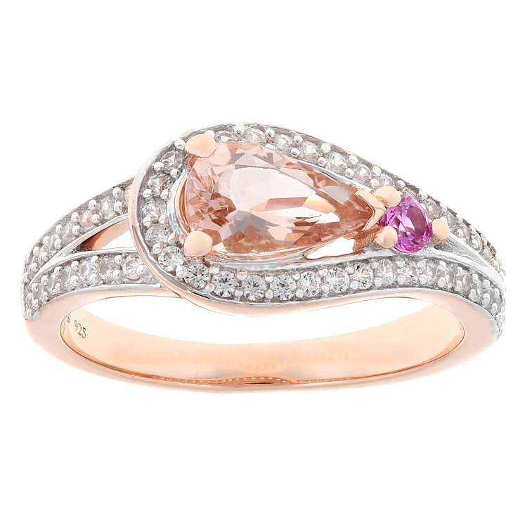 Morganite, Lab Pink Sapphire And White Zircon Two-Tone Ring In 18K Rose
And Rhodium Over Sterling Silver 1.20ctw