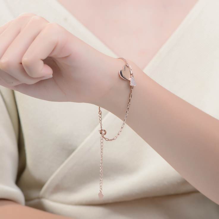 Heart Charm CZ Pave Bracelet In 18K Rose Gold Over Brass