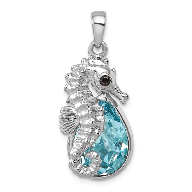 Rhodium Over Sterling Silver Crystal Background Seahorse Pendant